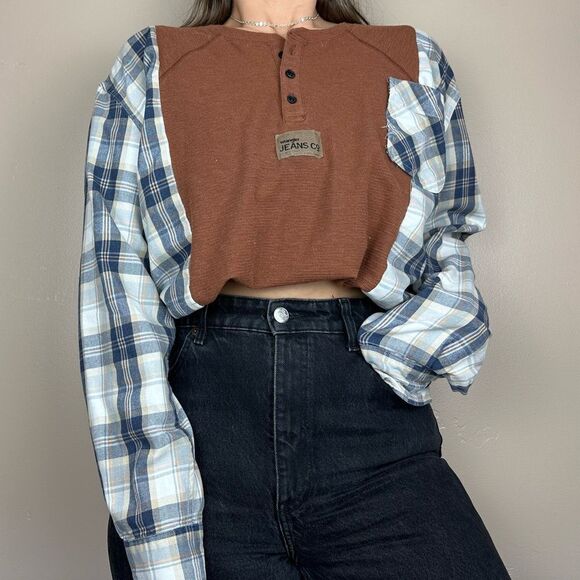 Wrangler Reworked Brown Western Long Sleeve Relaxed Flannel Henley Shirt Top - Picture 1 of 3